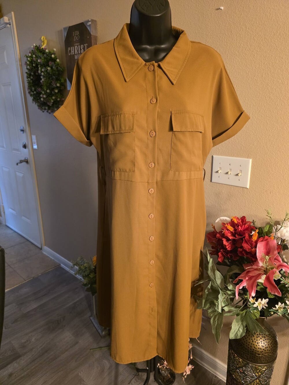 Button-Front Short Sleeve Shirt Dress in Mustard